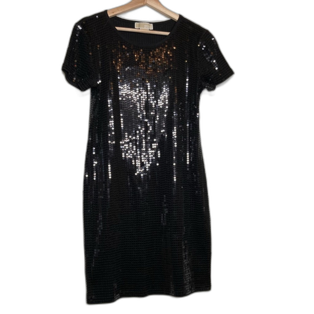 Michael Kors Womens Mini Shift Dress Black Scoop Short Sleeve Sequin Cotton M